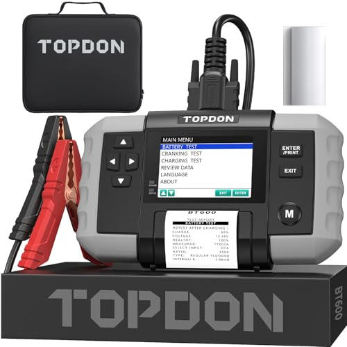 TOPDON Battery Tester BT600, 12V 24V Car Battery Tester with Printer, 100 to 2000 CCA, 3.5 Color Screen 5.9ft Cable, Software Update Available