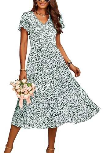 BTFBM - Vestido de Mujer Midi, Informal, de Verano, con Volantes, Manga escalonada, Fruncido, Bohemio, de Flores, Cuello de Pico, para invitada de Boda, Floral Verde Oscuro, XL