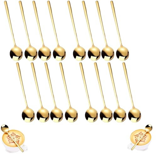 Gamrong 16 Stück Gold Kaffeelöffel, Edelstahl Spiegel Poliert Teelöffel Set Kaffee Rührlöffel Mini Kuchen Löffel Dessertlöffel Eislöffel für Kfür Kaffee Tee Geschirr Küche Cafe Oder Bar 14,5 cm, Gold