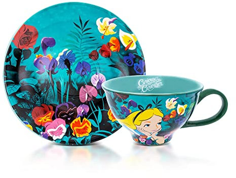 Disney Alicia en el país de las maravillas - Juego de taza de té y platillo de cerámica de 12 onzas | Juego de regalo para fiesta de té para café, espresso, moca, latte | Bonitos regalos y