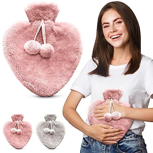 Happy Heaters Hot Water Bottle, 1L with Fluffy Cover - Ideal for Period, Back & Neck Pain - Pink with Cover UK Perfect for Women, Seniors & Children
