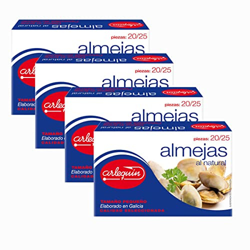 ARLEQUIN Almejas al Natural, Elaboradas en Galicia, Pack 4 Latas de 120 grs. cada una (480 grs)