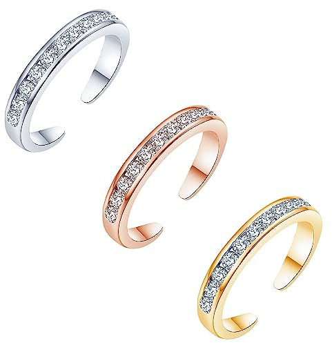 3 Stück Zehenringe für Frauen,Kucheed Verstellbarer Hypoallergener Bandring aus Zirkonia,Silber/Roségold/Gold Zehenringe Set Strand Fußschmuck für Den Sommer,Zehe Finger Gemeinsam Schwanz Ring (A1)
