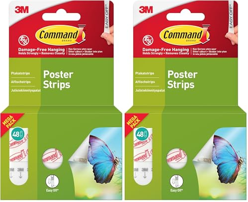 Command Poster Strips, Value Pack, 48 Adhesive Strips, White - Ideal for Hanging Posters, Schedules, Calendars or Pictures without Frames (Pack of 2)