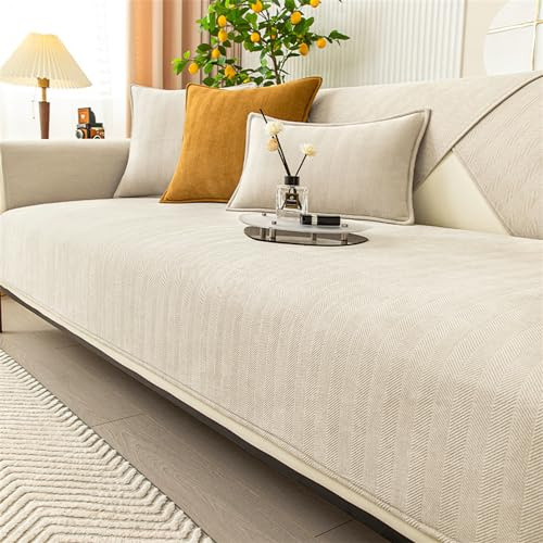 Herringbone Chenille Fabric Furniture Protector Sofa Cover 1 2 3 Seater, Non-Slip Sofa Slipcovers for Corner L Shape, Thick Textured Sofa Cushion Covers Furniture Protector (Beige,70x180cm)