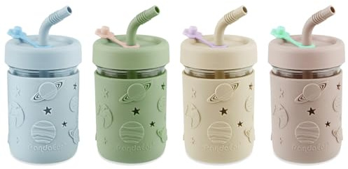 PandaEar 4 Pack Kids & Toddler Glass Cups, Glass Mason Jar Cups 8.45 oz with Silicone Sleeves & Straws, Toddler Spill-Proof Smoothie Cups