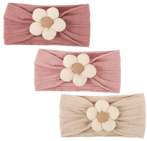 DRESHOW Stirnband Baby Mädchen Dehnbare Nylon Stirnbänder Handgefertigte Blumen Haarband for Neugeborene Kleinkinder Kinder 3 Stück