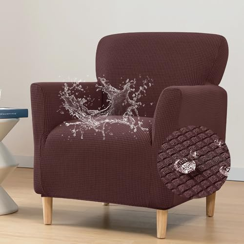 Highdi Stretch Sesselbezug aus Wasserdichter Jacquard Sesselhusse Sesselschoner rutschfest Sofa Überzug 1 Sitzer mit Armlehnen, für Relax-Sessel, Cocktailsessel, Clubsessel (Braun)