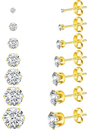 Yiorxu Stud Earrings for Women,7Pairs Gold Silver Earrings for Women,5A+CZ Surgical Steel Earrings Sets with Anti-Oxidation Elastic Gifts Packing Box for Women Men Girls(gold)