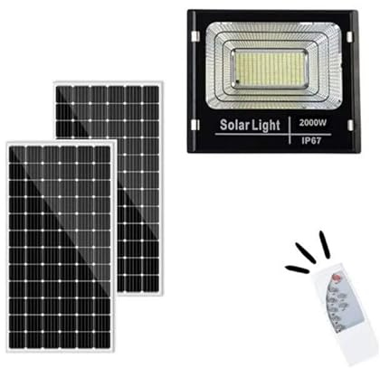 TANIASHOP Faro Solare da Esterno 2000W Faro a Led con Doppio Pannello Solare Fotovoltaico con Sensore Crepuscolare Impermeabile IP67 Luce Bianco Freddo 6500K Led Esterno con Telecomando Timer