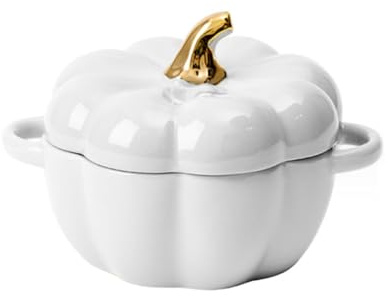 AVEKI Cute Bowl, Pumpkin Ceramic Bowl with Lid, Microwave & Dishwasher Safe Dessert or Soup Bowl with Handle, Decor Dinnerware for Thanksgiving Halloween Pumpkin Party (White)