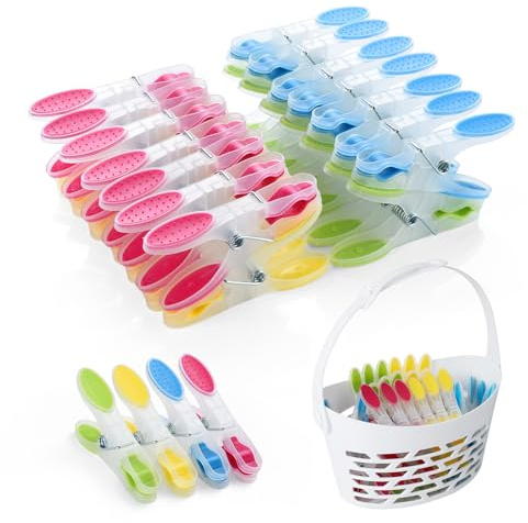 AiQInu 40 Pezzi Mollette per Bucato con Cestino, Plastica Clothes Pegs con Silicone Antiscivolo, Molletta Multicolore Non Lascia Segni per Biancheria Intima Pantaloni T Shirts Calze
