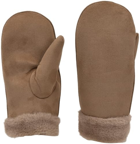 styleBREAKER Damen Winter Fäustlinge aus Veloursleder-Optik mit weichem Kunstfell-Bund - Warme Fausthandschuhe 09010048, Farbe:Taupe
