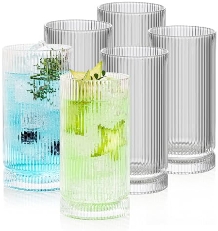 POLIDREAM Ribbed Glasses Set of 6, 16oz Drinking Glasses, Ribbed Tumblers | 6-piece set of 16oz large glass tumblers for water, beer, juice, iced coffee and cocktails; lead-free, dishwasher safe