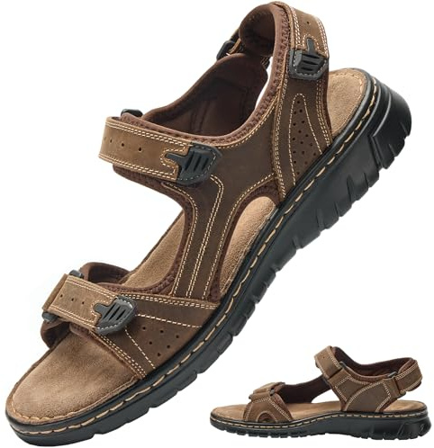 7STROBBS Wide Fit Mens Sandals, Real Leather Walking Sandals for Men, Open Toed Sports Outdoor Sandal with Adjustable Strap for Summer, Holidays, Beach, Hiking, Boating, Towns, Dark Brown UK 7
