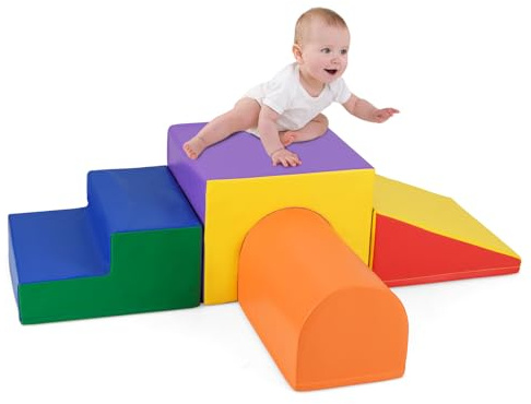 COSTWAY 4 TLG. Schaumstoffbausteine, Softbausteine zum Klettern und Toben, Riesenbausteine aus Schaumstoff, Großbausteine Bauklötze Indoor für Babys und Kleinkinder (Bunt)