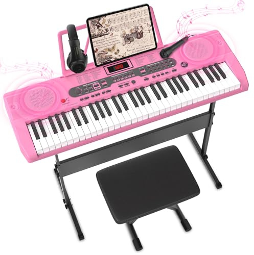 Klaviertastatur für Anfänger, 61-Tasten-E-Keyboard mit Keyboardständer, Klavierbank, Mikrofon, Kopfhörer, Notenständer, LED-Bildschirm, zwei Lautsprecher, Lehrmodus，Geeignet für Kinder von 3-8 Jahren