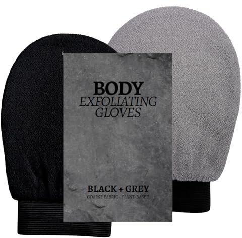 Exfoliating Bath Gloves, Dual-Sided Grey and Black, Deep Cleansing Body Scrub Mitts