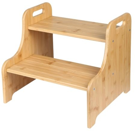 Marchepied 2 marches antidérapantes en Bambou avec 2 poignées découpées,Marche Pied en Bois,Petit Tabouret Bas,Marche Pied Enfant sécurisé,Salle de Bain, Chambre et Balcon