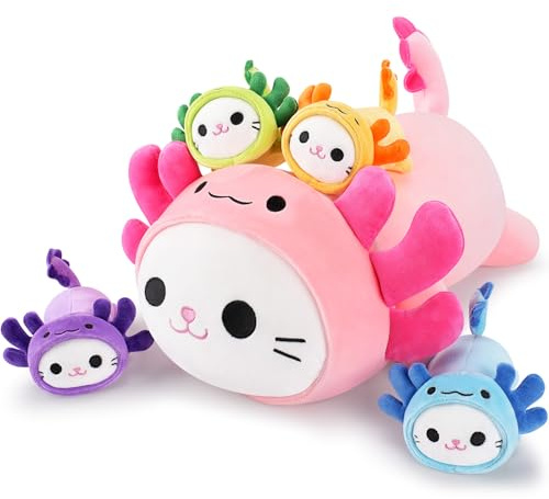 Auspicious beginning Stuffed Axolotl Large Plush Toys Stuffed Animals Mommy with Baby 5pcs Mommy Set with Baby Plushies Cuddly Toy Hugging Pillow Soft Animal Colorful Axolotl Plushie