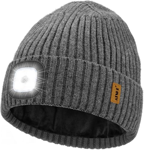 ATNKE LED Beleuchtete Mütze mit Licht,USB Wiederaufladbare 4 LED Laufmütze Freihändig Stirnlampe Winter Warm Fleece Gefüttert Strick Mütze Geschenke für Herren und Damen