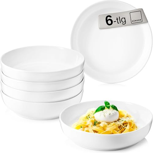 SÄNGER Pastaschalen Marlo 6 tlg, Schüssel Set 6 Personen, Porzellan Bowl | Schüssel, Schale, Spülmaschinenfest, Pastaschale Weiß mit moderner Form 850 ml