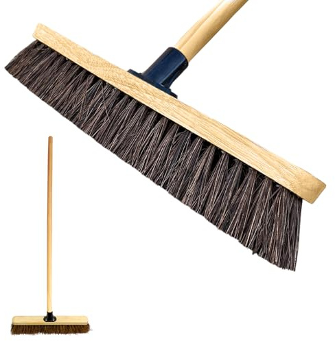 LS 18” Outdoor Garden Broom Heavy Duty Yard Brush with Wooden Handle Natural Stiff Bassine Bristles & Metal Support Bracket Outdoor Cleaning & Sweeping (PACK OF 1, 18 Stiff Natural Bassine Bristles)