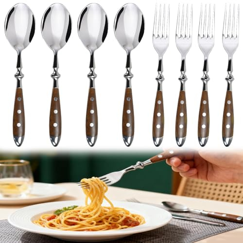 FuxFuis 8 PCS Ensemble de Couverts de Table, Couverts en Acier Inoxydable, Cuillère à Soupe, Fourchette de Table Inox, Fourchette à Dessert Acier Inoxydable pour Maison, Restaurant, Hôtel