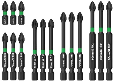 15PCS PZ2 Magnetic Impact Driver Bits, Heavy Duty Long Pozidriv Screwdriver Bit Set with 25mm 50mm 65mm 70mm 90mm, PZ2 Impact Driver Bits Magnetic Drill Bits S2 Steel Long Driver Bits
