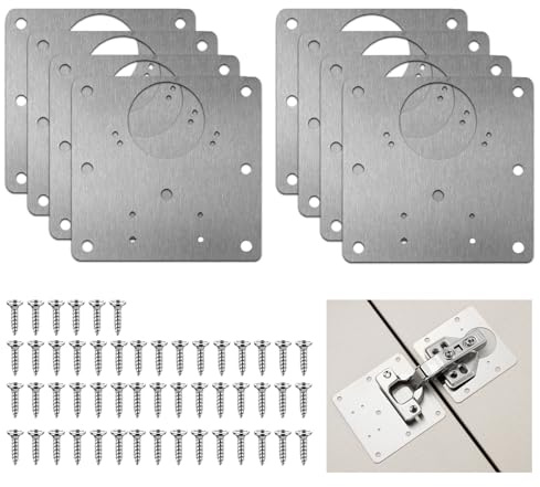 8 Pcs Hinge Repair Plate with 48 Pcs Screws, Stainless Steel Cupboard Hinge Repair Plates, Suitable for Kitchen Doors, Wooden Furniture, Cabinets, Drawers and Windows (9x9 cm)