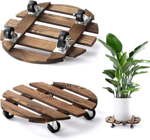 Yunlaishaocer Pflanzenroller Rund 40cm, 2 Stück Pflanzenroller Outdoor Indoor Rollbrett Pflanzen Holz, Blumenroller Blumen Untersetzer Pflanzenuntersetzer mit Rollen 100 Kg Tragkraft