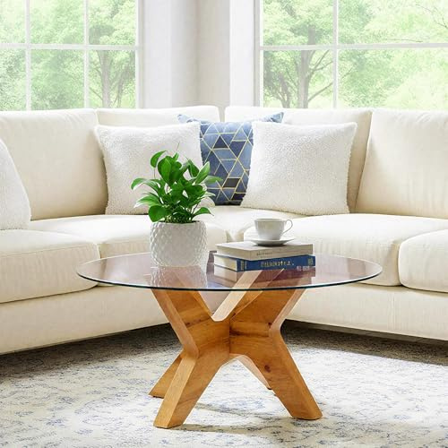 MCombo Round Glass Coffee Table, 80 cm Modern Small Space Coffee Table with Tempered Glass and MDF Wood Legs for Living Room, Home Office, Tree (Natural Wood)