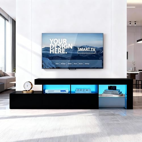 TV Cabinet for Living Room with 16-Colour LED Lights, Black Gloss TV Unit | High Gloss, for TV up to 59 inch, TV Unit with Storage, Modern TV Stand Cabinet with 3 Drawers & 3 Open Shelves