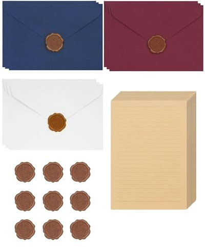 Fonyiunce 38 pezzi Set di Carta da Lettera Vintage 20 Carta Vintage Car-ta da Lettere e 9 Adesivo Sigilli di Cera, 9 Buste di Car-ta Vin-tage per Compleanno Matrimonio Invito Cartoline di Auguri