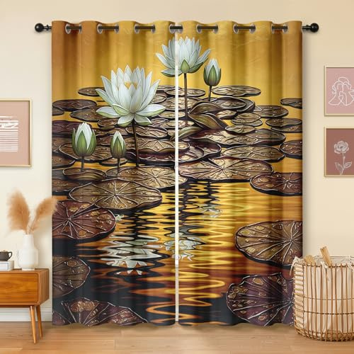 Havenix Lotusblumen Zen Vorhänge Blickdicht Gardinen mit ösen Asiatisches Wasserlilien Motiv Vorhang 160 cm Lang Verdunklungsvorhänge für Schlafzimmer Wohnzimmer Fenster Thermovorhang 2er Set