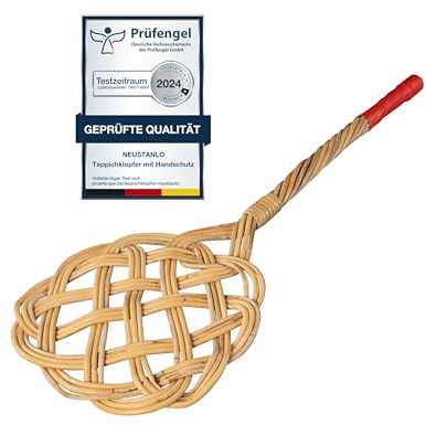 NEUSTANLO | Teppichklopfer in Sonnenform mit Handschutz | 3-fädiges Natur Rattan | länglich hell | 75x26 cm | flexibel und robust