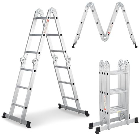 Scala multifunzionale pieghevole in alluminio Juskys 3x4 gradini, 3,6 m, portata fino a 150 kg – snodabile in 4 pezzi