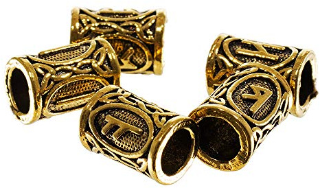 Viking Runes Beads - 14 X 10 Millimeter Crafting Beads for Jewelry or Hair (10 Pack, Antique Gold)