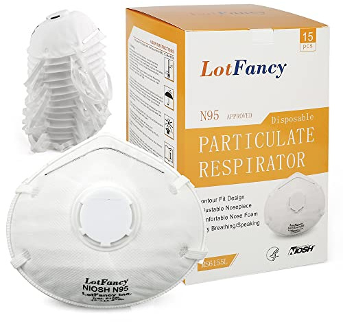LotFancy NIOSH N95 Mask, 15PCS Particulate Respirator with Breathing Valve, Disposable Air Filter Masks Against Dust, Pollution, Particle, Face Mask for Woodworking, Construction