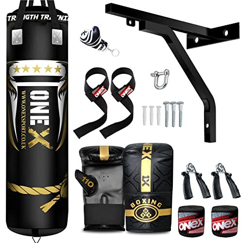 ONEX Punch Bag KICK Boxing Set 5FT Filled Heavy Bags Gloves Anchor Ceiling Hook Wall Bracket With Straps Training MMA 17PC Punching Bags (Black)