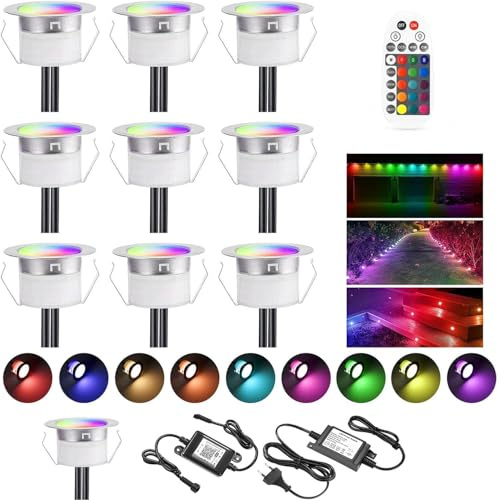 10er Bluetooth RGB Led Bodeneinbaustrahler Bodenstrahler Bodenleuchten Aussen 0.6W Ø30mm IP67 Wasserdicht LED Terassenbeleuchtungen Terrasse Küche Garten Terrassenbeleuchtung Full Kit