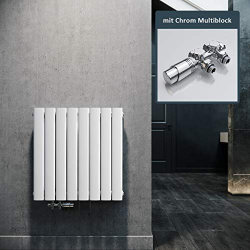ELEGANT Design Heizkörper Horizontal mit Chrom Multiblock 630x616mm Doppellagig Weiß Badezimmer/Wohnraum Paneelheizkörper Mittelanschluss Flachheizkörper