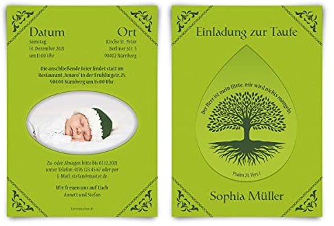80 x Einladungskarten zur Taufe - Text und Foto einfach individuell selbst gestalten DIN A6 Karte für Mädchen oder Jungen Grün - Keltic
