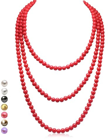 Halukakah Collana Lunga Perle Anni '20 per Donne - Esquisite Perle Coltivate Naturali - Lussuoso Filo da 8mm con Eleganza Senza Tempo - Rosso Passione Lunghezza 150cm - Perfetto per Occasioni Speciali