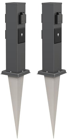 ledscom.de 2 Stück Garten-Steckdosen-Säule Polly mit Erdspieß für außen, IP44, 3-Fach, Smart Home, anthrazit, eckig, 38cm