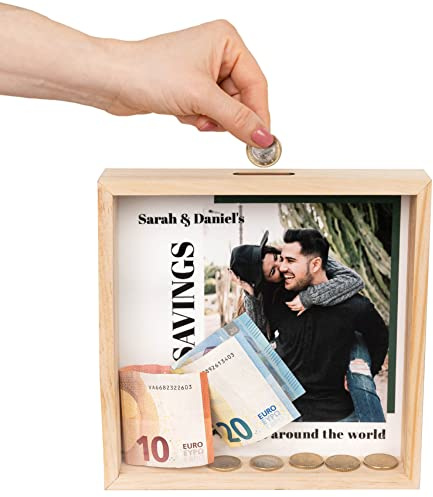Wanapix | Personalisierte Spardose aus Holz | quadratischen Sparschwein Mit Foto und Text | Pappelholz und Methacrylat | Geschenk für Hochzeit/Taufe/Geburtstag | World Map