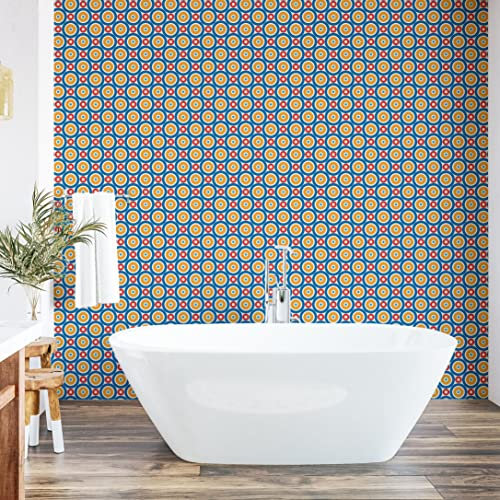 ABAKUHAUS Retro abziehbare & klebbare Tapete für Zuhause, Große Kleine Kreise und Punkte, selbstklebendes Wohnzimmer Küchenakzent, 33 cm x 250 cm, Marigold Scarlet Blau