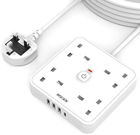 Mscien 5M 4 Gang Extension Lead with 4 USB Slots (1 Type-C and 3 USB-A), MSCIEN, Extension Cords with LED Indicator Switch, Wall Mounted Power Strip, Long Extension Cable for Home Office Dorm, White