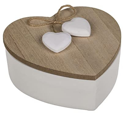 MIJOMA Caja de madera con forma de corazón blanco con tapa abatible y 2 corazones de madera blanca como colgante, aprox. 12,5 cm, ideal para personalizar