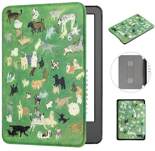 MOKASE Hülle für 6 Zoll Kindle Paperwhite 5/6/7. Generation 2012,2013,2015,2016 (Modell: EY21/DP75SDI), Schlanke Kunstleder Hart Decken mit Handschlaufe für Kindle Paperwhite 6 Zoll, Meadow Dogs